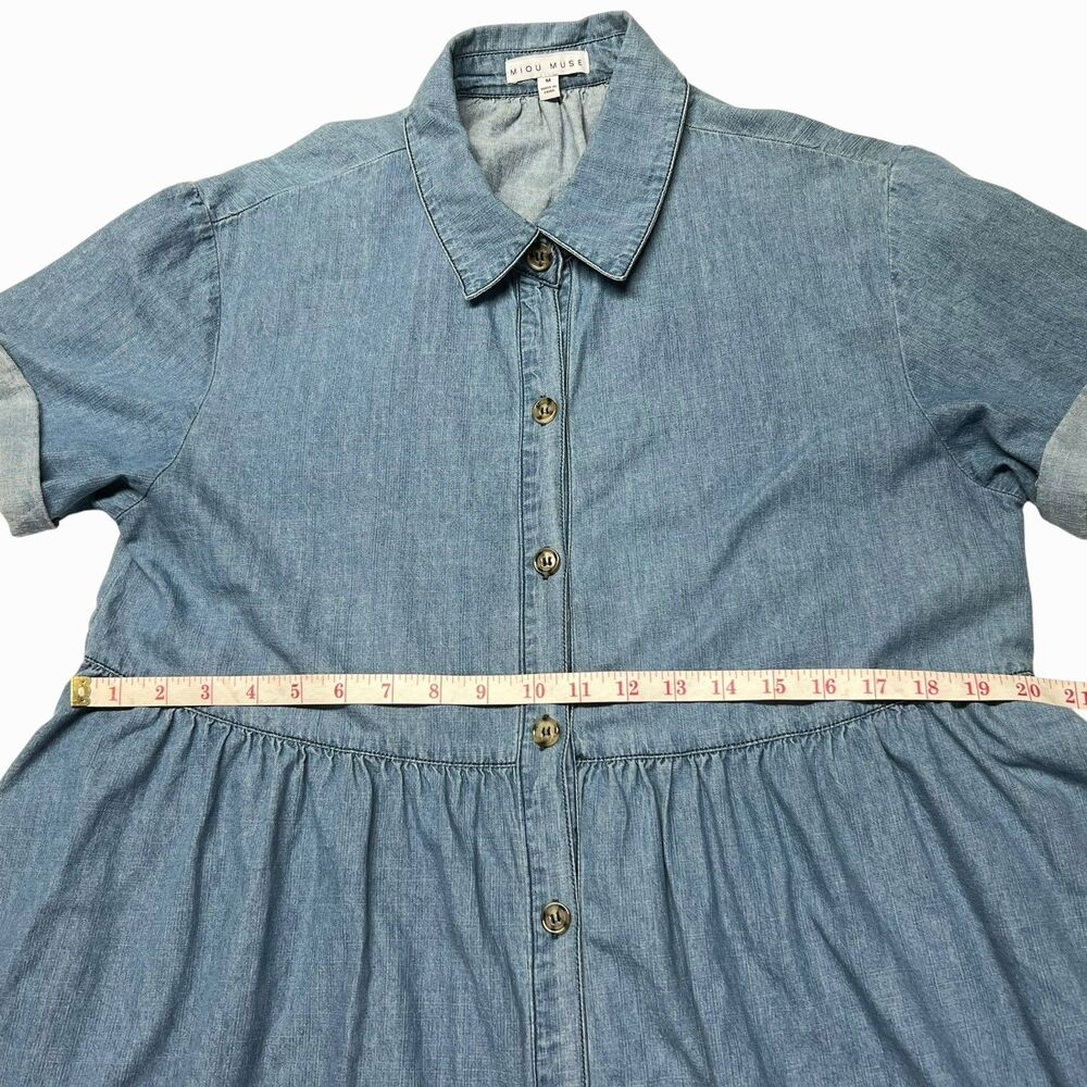 Miou Muse Light Denim Babydoll Dress Cuff Sleeve Tiered Back Button Front Large - Picture 11 of 13